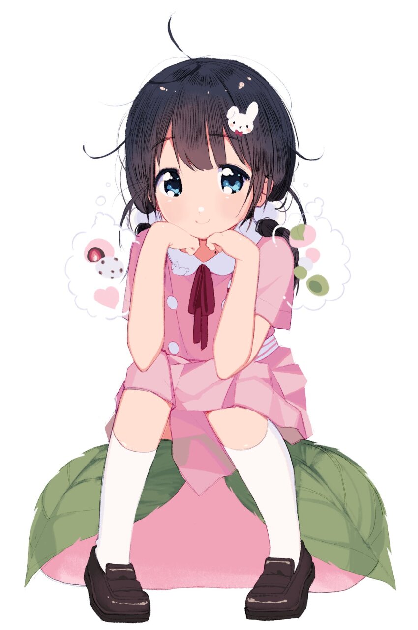 1girl black_hair blue_eyes blush food full_body hair_ornament highres kitashirakawa_tamako lisa_(faeuna) loafers looking_at_viewer low_twintails messy_hair mochi mole mole_on_neck pink_shirt pink_skirt pleated_skirt pom_pom_(clothes) pom_pom_hair_ornament rabbit_hair_ornament shirt shoes short_sleeves simple_background sitting skirt smile socks solo tamako_market twintails white_background white_socks