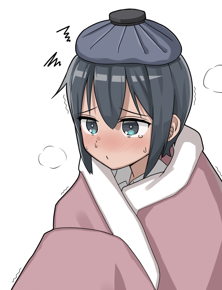 1girl absurdres akts625 androgynous aqua_eyes black_hair blanket blush bright_pupils close-up closed_mouth collared_shirt commentary dot_mouth dress_shirt fever hair_between_eyes highres ice_pack kino_(kino_no_tabi) kino_no_tabi looking_afar looking_ahead nose_blush raised_eyebrows romaji_commentary shirt short_hair sick simple_background sitting snot squiggle steaming_body sweat tearing_up trembling very_short_hair white_background white_pupils white_shirt wrapped_in_blanket
