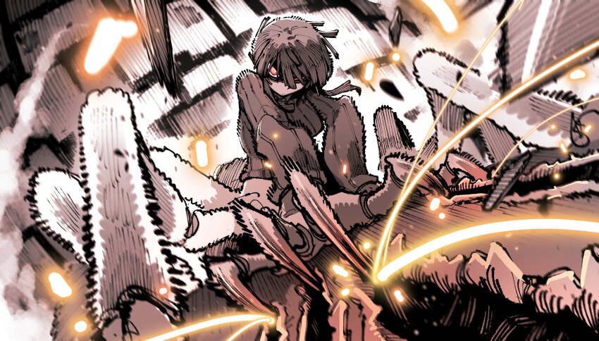 1girl absurdres arthropod_limbs claw_mark claws female_focus foreshortening glaring glowing glowing_eyes greyscale hair_over_one_eye highres insect_girl karasu_raven monochrome monster_girl motion_blur one_eye_closed original ponytail red_eyes solo sparks spider_girl spot_color sweater