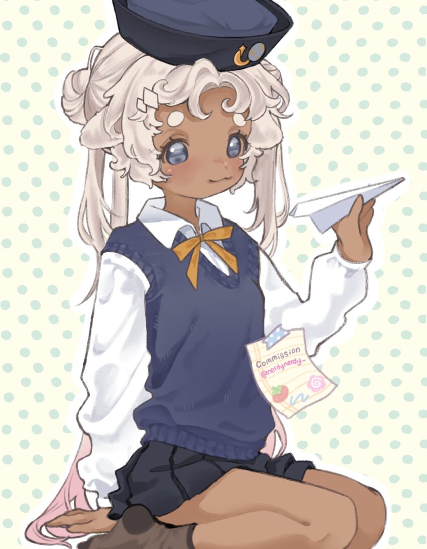 1girl :3 blue_eyes brown_socks commentary commission dark-skinned_female dark_skin english_commentary highres melity orange_ribbon original paper paper_airplane pink_hair ribbon smile socks thick_eyebrows white_hair
