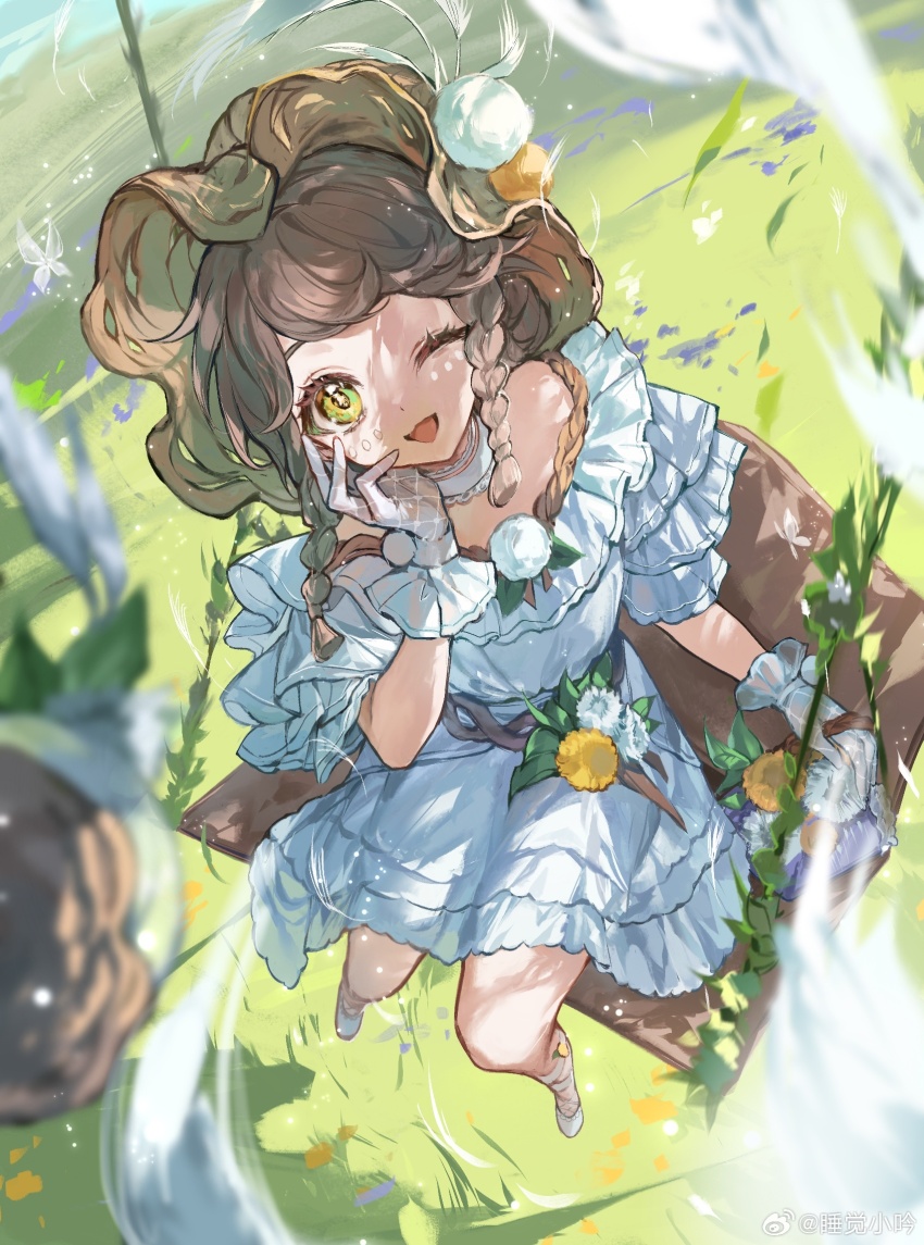1girl bare_shoulders blue_sky bonnet braid brown_hair brown_headwear bug butterfly character_request chinese_commentary choker collar commentary_request copyright_request dandelion dandelion_seed day dress eyelashes field fishnet_gloves fishnets flower flower_field frilled_collar frilled_dress frilled_gloves frilled_sleeves frills from_above full_body gloves green_eyes hand_on_own_cheek hand_on_own_face highres insect lace-trimmed_choker lace_trim layered_sleeves leg_ribbon looking_at_viewer midair off-shoulder_dress off_shoulder on_swing one_eye_closed open_mouth outdoors pom_pom_(clothes) ribbon shoes short_dress short_hair short_sleeves sitting sky smile solo swing twin_braids white_butterfly white_choker white_dress white_flower white_gloves white_ribbon white_shoes white_sleeves zi_yin