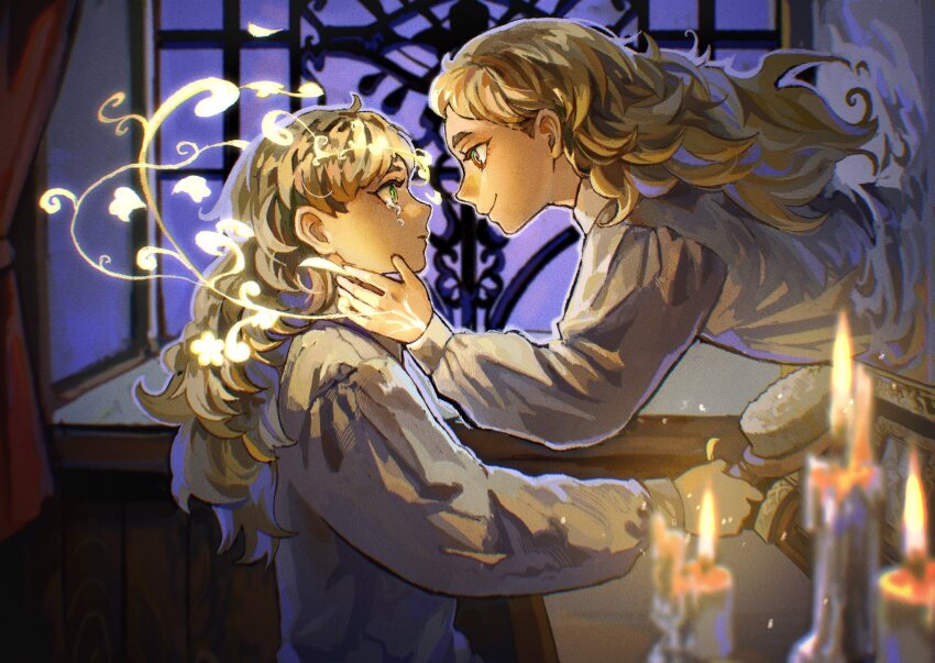 2girls blonde_hair candle candlelight crying crying_with_eyes_open curtains expressionless eye_contact from_side hair_brush hand_on_another&#039;s_face highres indoors long_hair looking_at_another magic mihiro_00122 mirror mirror_twins multiple_girls nightgown original profile siblings smile tears through_medium through_mirror twins upper_body wavy_hair window