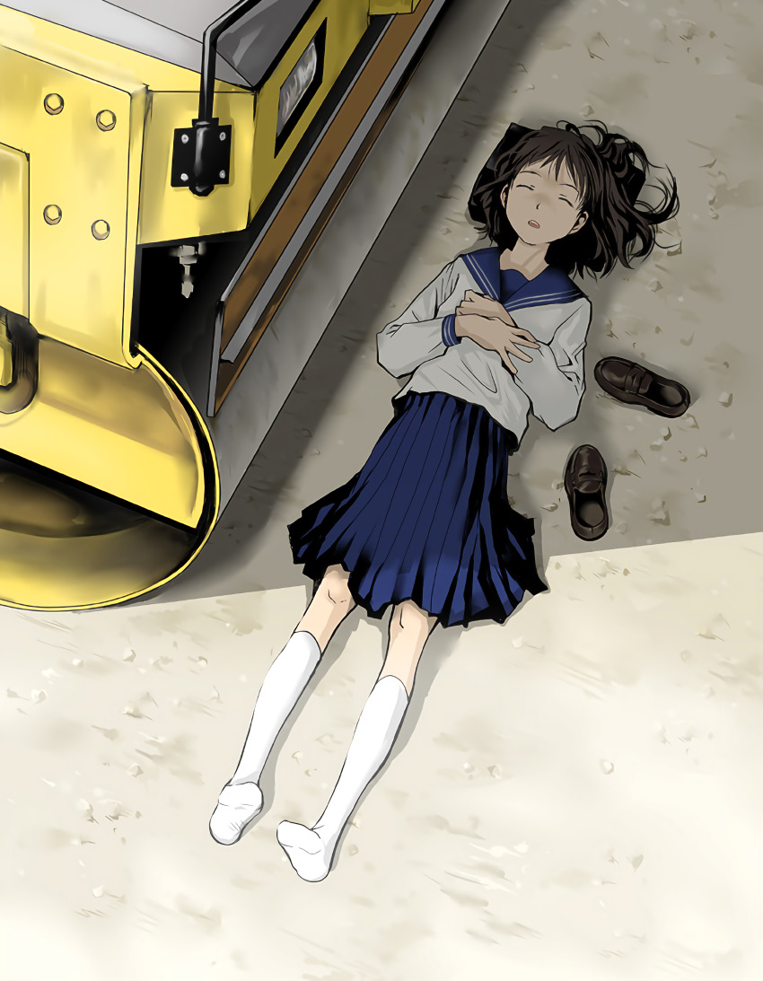 1girl absurdres blue_sailor_collar blue_skirt brown_shoes from_above hair_spread_out highres kneehighs long_sleeves lying medium_hair on_back on_ground original own_hands_together parted_lips pleated_skirt sailor_collar school_uniform serafuku shade shoes skirt sleeping socks solo steamroller tamaoki_benkyou unworn_shoes white_socks