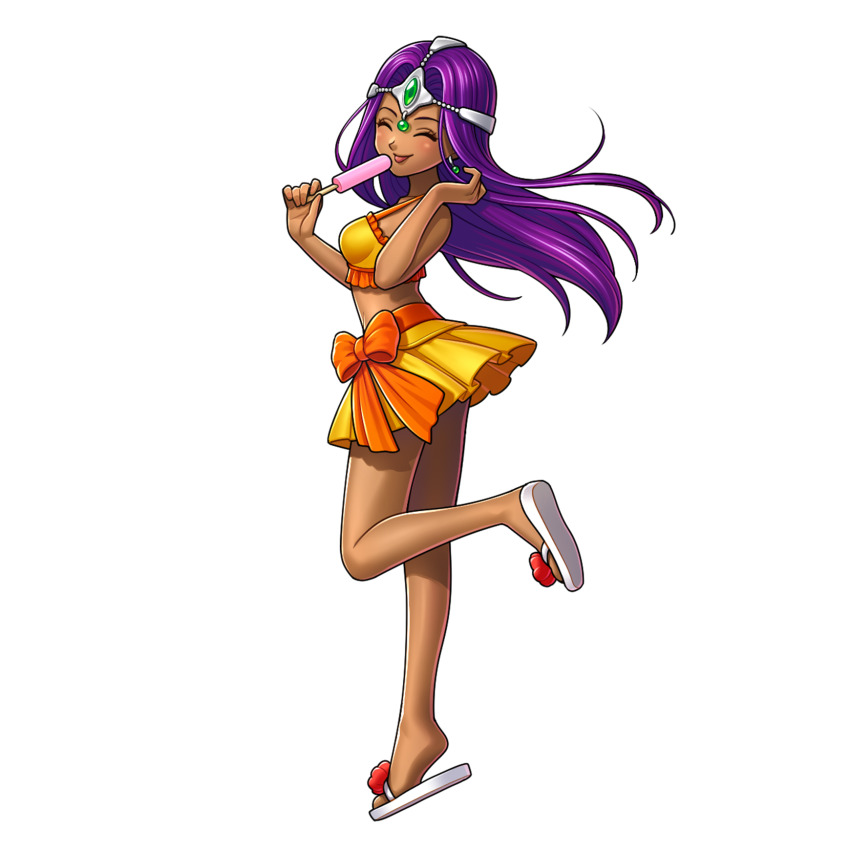 1girl artist_request bikini bow breasts circlet closed_eyes dark-skinned_female dark_skin dragon_quest dragon_quest_iv dragon_quest_rivals earrings floating_hair food foot_up full_body game_cg gem green_gemstone highres holding holding_food holding_popsicle jewelry looking_back medium_breasts minea_(dq4) official_alternate_costume official_art orange_bikini orange_bow orange_skirt parted_hair popsicle purple_hair sandals silver_circlet skirt smile solo sphere_earrings swimsuit third-party_source tongue tongue_out transparent_background white_sandals