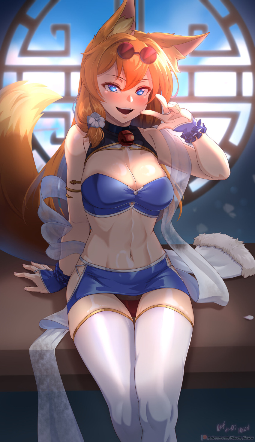 1girl :d absurdres animal_ear_fluff animal_ears arm_support bare_shoulders bell black_choker black_shrug blue_bra blue_eyes blue_scrunchie blue_skirt blush bra breasts choker cleavage commentary commentary_request cowboy_shot english_commentary eyelashes eyewear_on_head fox_ears fox_girl fox_tail highres indoors jingle_bell kitsu_(vilde_loh_hocen) large_variant_set looking_at_viewer miniskirt mixed-language_commentary navel neck_bell on_table open_mouth orange_hair original panties red-tinted_eyewear red_panties scrunchie shrug_(clothing) sitting skindentation skirt sleeveless_shrug smile solo table tail teeth thighhighs thighs tinted_eyewear toned toned_female turtleneck_shrug underwear upper_teeth_only variant_set vilde_loh_hocen w watermark web_address white_thighhighs wrist_scrunchie