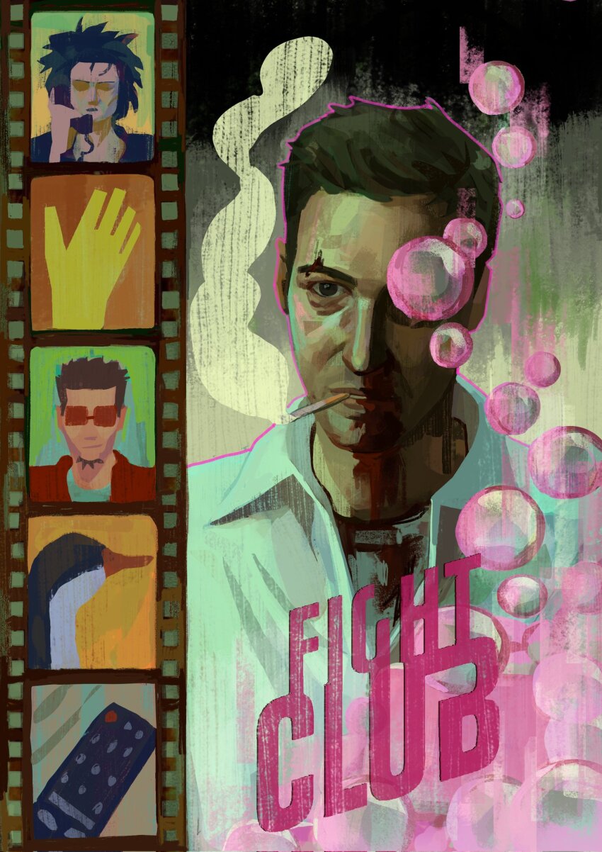 1girl 2boys bar_soap cigarette controller fight_club glasses highres kamin4ikk marla_singer multiple_boys remote_control smoking soap the_narrator_(fight_club) tyler_durden