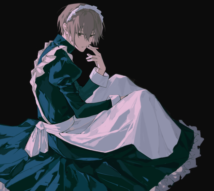 1boy absurdres apron between_legs black_background black_dress brown_eyes brown_hair cigarette collared_dress crossdressing dress fingernails frilled_dress frills hair_between_eyes hand_between_legs hand_up highres holding holding_cigarette juliet_sleeves knees_up kusanagi_naoya long_dress long_sleeves looking_at_viewer maid maid_apron maid_headdress male_focus male_maid parted_lips puffy_sleeves sakura_no_toki sakura_no_uta short_hair sitting sleeve_cuffs smoking solo straight_hair tuzaixia white_apron white_headdress white_sleeve_cuffs