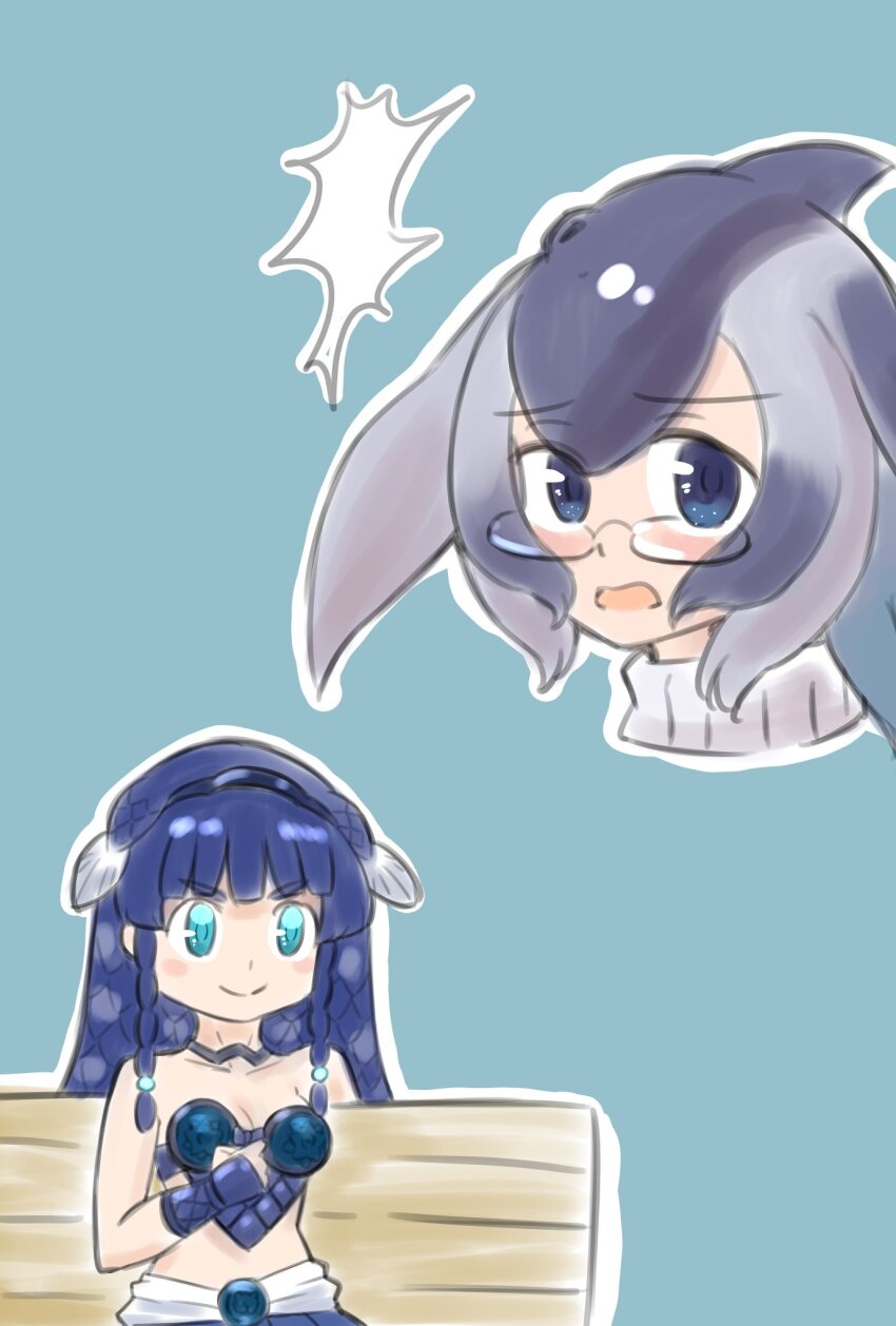 &gt;:) 2girls arm_behind_back bare_shoulders bench blowhole blue_background blue_eyes blue_hair blue_whale_(kemono_friends) blush blush_stickers bracer braid braided_sidelock chibi closed_mouth coelacanth_(kemono_friends) collarbone dark_blue_hair dorsal_fin fins furrowed_brow glasses gravi_pig4891 green_eyes grey_hair hair_between_eyes hairband head_fins highres kemono_friends long_hair midriff multicolored_hair multiple_girls on_bench open_mouth outline parody side_braid simple_background sitting smile stomach surprised twin_braids v-shaped_eyebrows white_outline yaranaika
