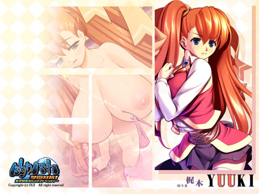 1girl blue_eyes breasts brown_hair game_cg gunner-l huge_breasts kajiki_yuuki long_hair nipples ole tsuri_baka