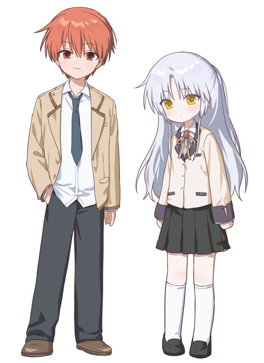 1boy 1girl angel_beats! black_necktie black_pants black_shoes black_skirt brown_shoes closed_mouth deformed dot_mouth dot_nose expressionless full_body hair_between_eyes hand_in_pocket head_tilt highres jacket loafers long_hair long_sleeves looking_at_viewer neck_ribbon necktie open_clothes open_jacket otonashi_yuzuru pants parted_bangs pentacle red_eyes ribbon saang2cm school_uniform shirt shoes short_hair simple_background skirt smile socks tachibana_kanade white_background white_hair white_jacket white_shirt white_socks yellow_eyes yellow_jacket yellow_ribbon