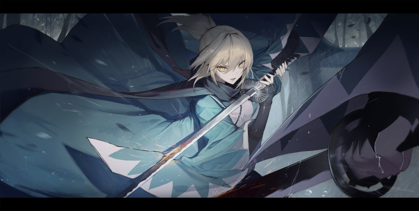 1girl absurdres armor black_scarf blonde_hair commentary_request duel falling_leaves fate/grand_order fate_(series) fighting_stance forest garmagi115 gauntlets hair_between_eyes haori highres hilt holding holding_sword holding_weapon japanese_armor japanese_clothes katana kote leaf letterboxed looking_at_another nature okita_souji_(fate) okita_souji_(koha-ace) outdoors ponytail rain scarf short_hair sidelocks snow solo_focus sparks sword sword_fight sword_guard_stance water_drop weapon yellow_eyes