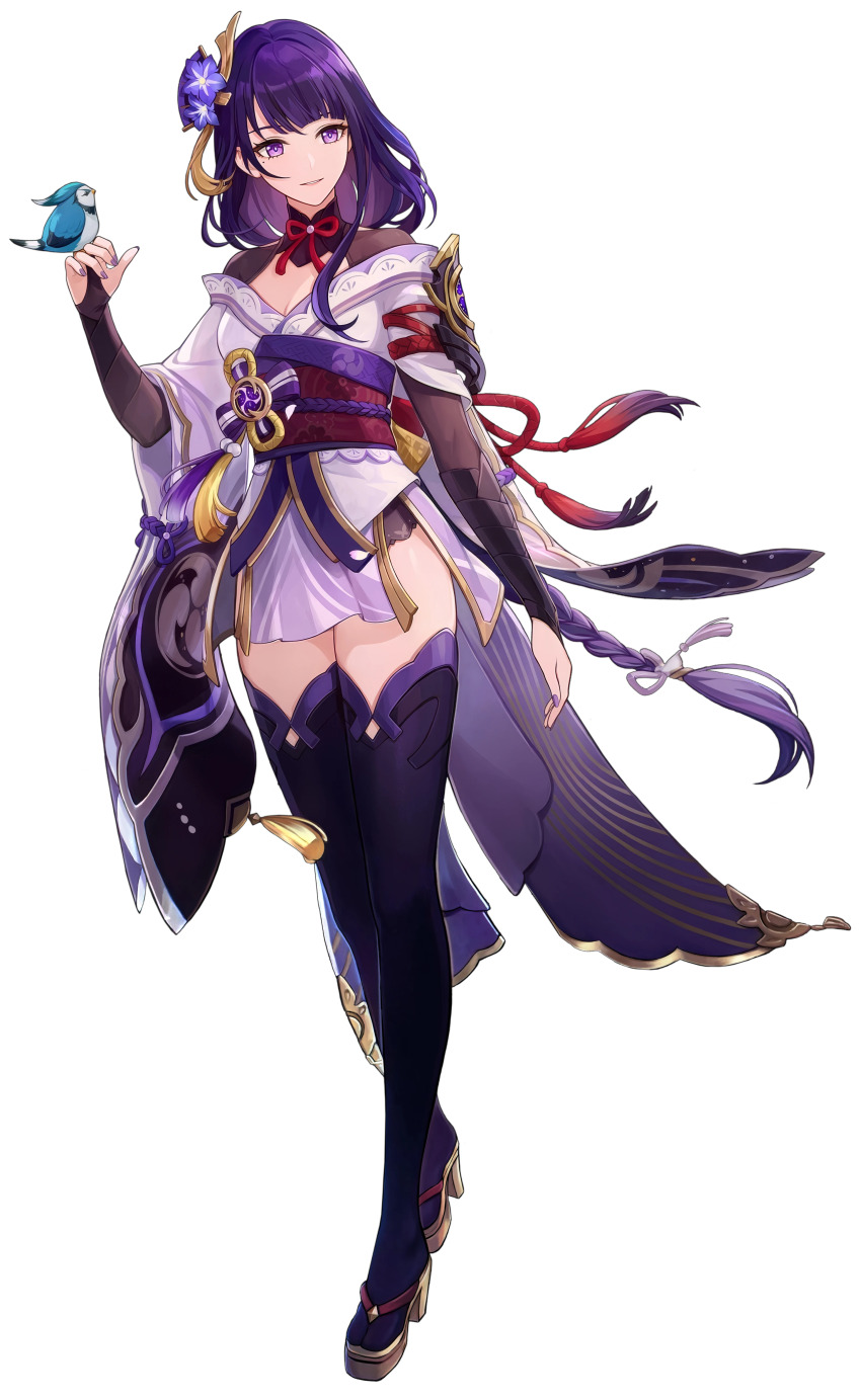 1girl absurdres bird bird_on_hand black_bridal_gauntlets braid breasts bridal_gauntlets cleavage floating_hair full_body genshin_impact highres japanese_clothes kimono long_hair looking_to_the_side mole mole_under_eye obi official_art parted_lips purple_eyes purple_hair purple_thighhighs raiden_shogun sandals sash short_kimono short_sleeves smile solo standing tabi thighhighs third-party_source transparent_background