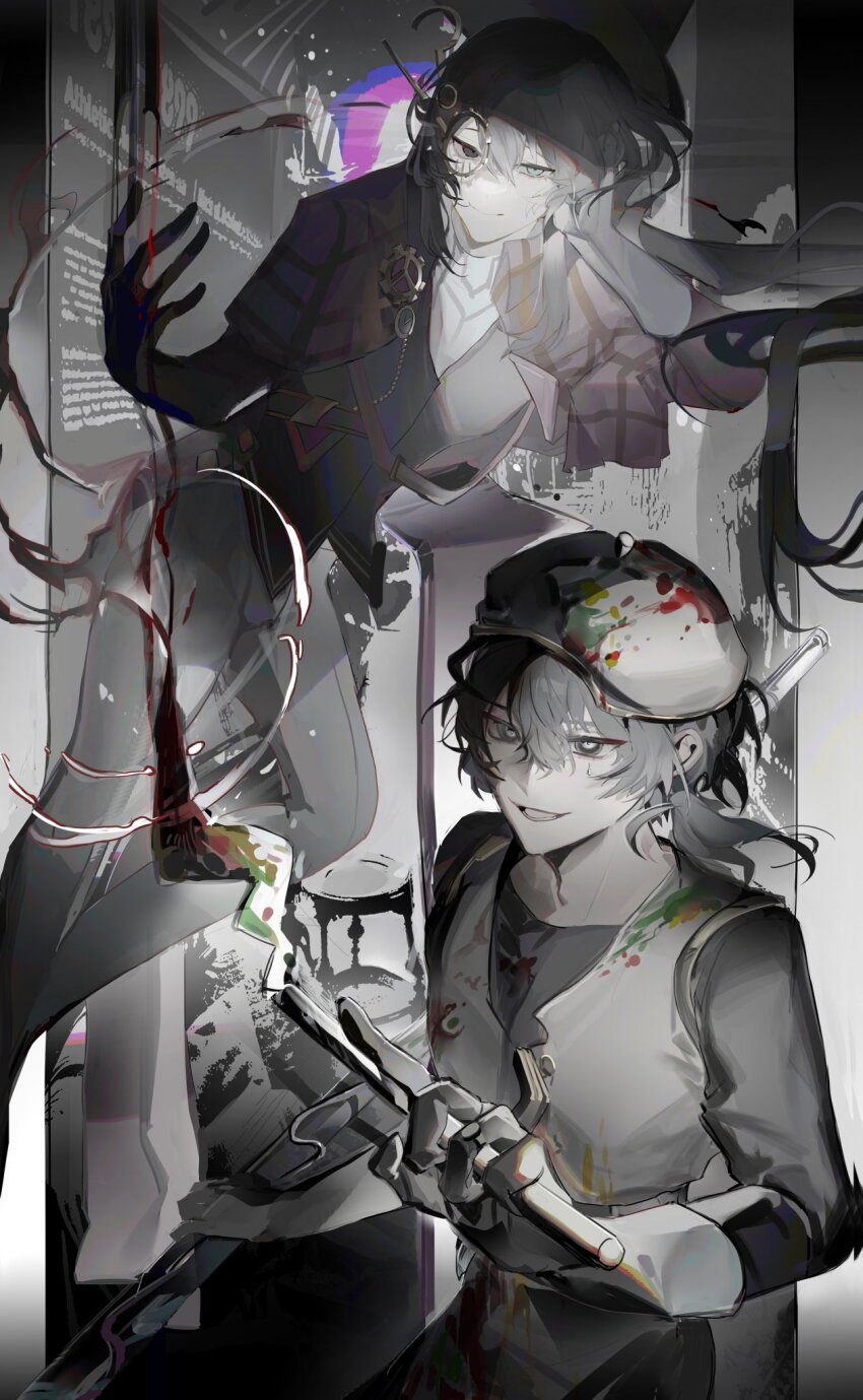 2boys bandana beret black_eyes black_hair black_shirt black_vest blmbot13 blue_eyes brown_coat closed_mouth coat eye_tattoo gears gloves hand_on_own_head hat heterochromia highres holding holding_paintbrush hong_lu_(project_moon) limbus_company long_hair looking_ahead looking_at_viewer low_ponytail lower_teeth_only male_focus medium_hair monocle multiple_boys muted_color open_mouth paint paint_on_clothes paint_stains paintbrush pants plaid_clothes plaid_coat ponytail project_moon ring_(identity)_(project_moon) shirt smile teeth top_hat vest white_bandana white_gloves white_pants white_vest yi_sang_(project_moon) yurodiviye_(identity)_(project_moon)