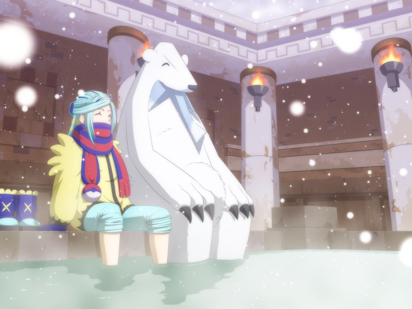 1boy absurdres aqua_hair aqua_pants arice487 beartic blue_scarf boots brazier claws closed_eyes commentary_request fire gen_5_pokemon grusha_(pokemon) highres jacket male_focus nintendo pants pants_rolled_up poke_ball_print pokemon pokemon_sv scarf scarf_over_mouth sitting snowing soaking_feet striped_clothes striped_scarf unworn_boots water yellow_jacket