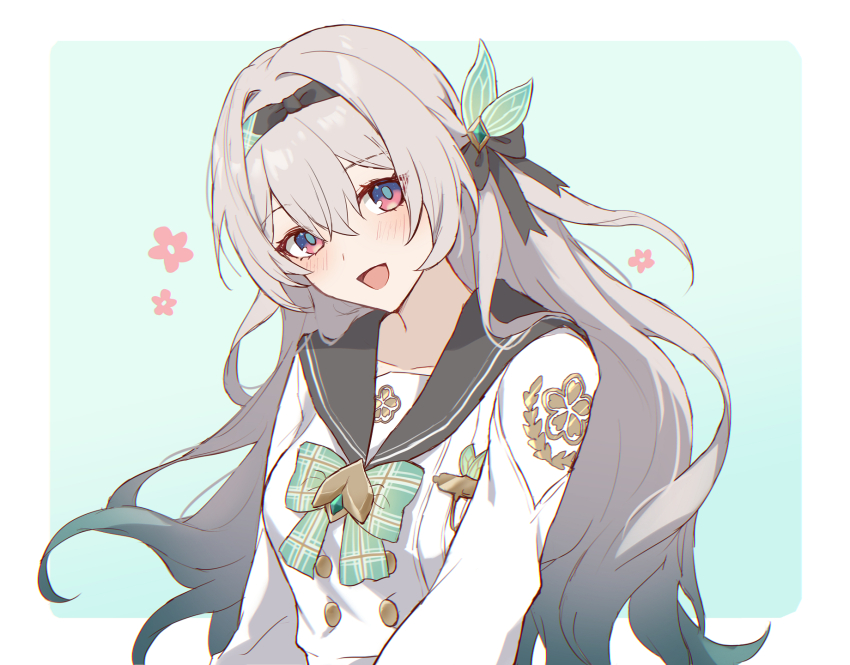 1girl black_hairband black_sailor_collar border bow bowtie buttons commentary double-breasted firefly_(honkai:_star_rail) firefly_(spring_missive)_(honkai:_star_rail) flower green_background green_bow green_bowtie grey_hair hairband highres honkai:_star_rail honkai_(series) long_hair long_sleeves looking_at_viewer official_alternate_costume open_mouth plaid_bow plaid_bowtie plaid_clothes purple_eyes sailor_collar school_uniform shiosio shirt solo symbol-only_commentary white_border white_shirt