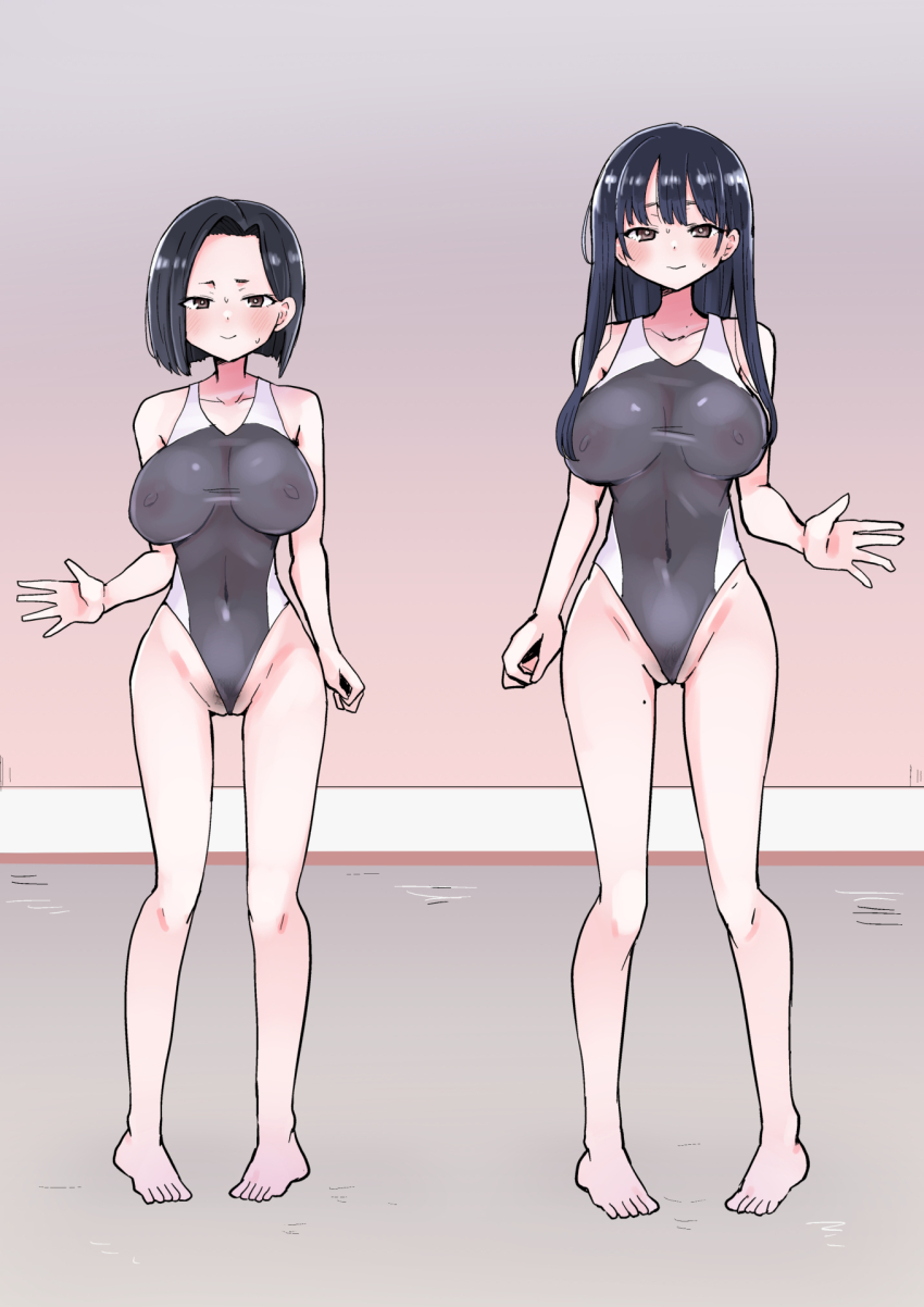 2girls arm_at_side black_footwear black_hair blue_hair blush boku_no_kokoro_no_yabai_yatsu breasts brown_eyes closed_mouth collarbone covered_navel dark_blue_hair dot_nose embarrassed eyebrows eyelashes female_focus female_pubic_hair full_body hand_up highleg highleg_one-piece_swimsuit highres large_breasts long28 long_hair looking_at_viewer mature_female mole mole_on_neck mole_on_thigh mother_and_daughter multiple_girls nervous nervous_smile nervous_sweating nipples one-piece_swimsuit outdoors pov pubic_hair pubic_hair_peek road short_hair sidelocks smile standing street sunrise sweat swimsuit tall_female toes transparent transparent_swimsuit two-tone_one-piece_swimsuit white_footwear yamada_anna yamada_sanae_(bokuyaba)