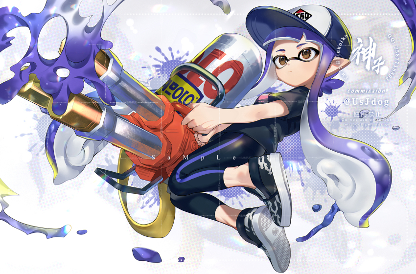 1girl artist_name baseball_cap black_footwear black_leggings black_shirt blue_hat brown_eyes closed_mouth commentary commission commissioner_name expressionless firing full_body grey_background hat highres holding holding_weapon hydra_splatling_(splatoon) inkling inkling_girl inkling_player_character jinkoika leggings long_hair nintendo pointy_ears purple_hair sample_watermark shirt short_sleeves solo splatoon_(series) symbol-only_commentary t-shirt tentacle_hair twintails watermark weapon