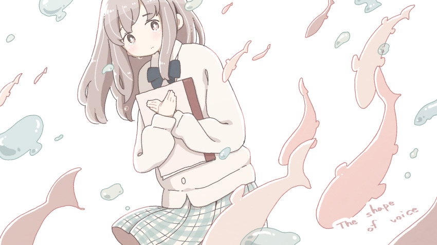 1girl brown_eyes brown_hair bubble cowboy_shot dutch_angle east_sha2 english_text fish holding koe_no_katachi long_hair long_sleeves looking_at_viewer nishimiya_shouko plaid solo tears white_background
