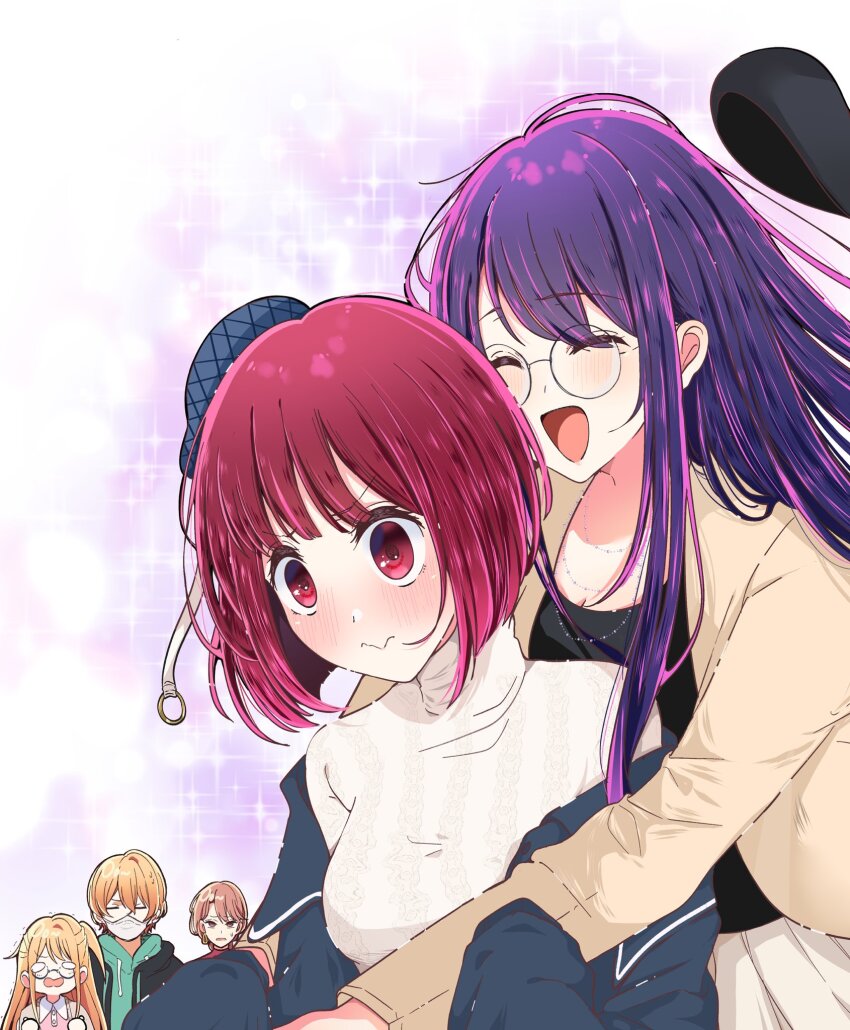 1boy 4girls arima_kana black_jacket black_shirt blush bob_cut closed_eyes closed_mouth glasses highres hoshino_ai hoshino_aquamarine hoshino_ruby inverted_bob jacket jewelry long_hair long_sleeves multiple_girls necklace open_mouth oshi_no_ko purple_hair red_eyes red_hair risdelusions saitou_miyako shirt yellow_jacket