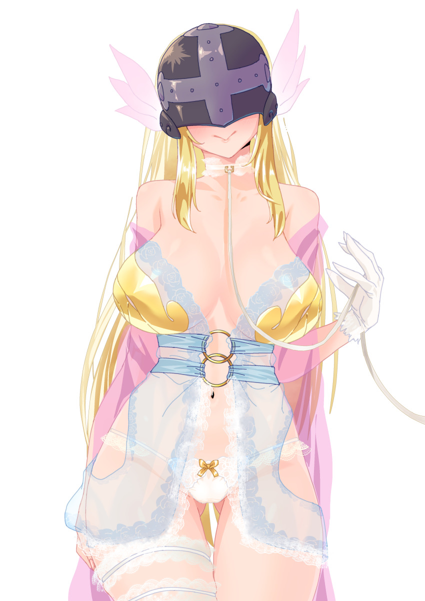 1girl absurdres angewomon bare_shoulders blonde_hair breasts closed_mouth collarbone covered_eyes digimon digimon_(creature) digimon_adventure female_focus gerusyu gloves head_wings helmet helmet_over_eyes highres large_breasts light_blush lingerie long_hair looking_at_viewer navel simple_background smile solo solo_focus standing thigh_strap thighs underwear white_background wings