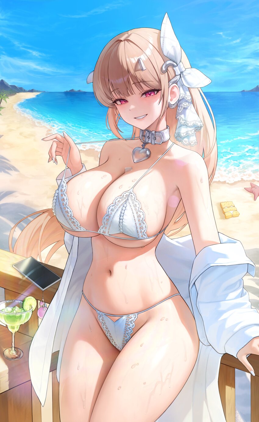 1girl absurdres against_railing artist_request beach bikini blonde_hair blue_sky blunt_bangs bow breasts cellphone cellphone_charm charm_(object) check_artist cleavage collar collarbone cowboy_shot food fruit goddess_of_victory:_nikke hair_ornament hashtag-only_commentary heart heart_collar highres large_breasts lime_(fruit) long_hair looking_at_viewer margarita navel ocean off_shoulder official_alternate_costume open_clothes palm_tree pearl_bikini phone railing red_eyes sea_sponge shirt sky smartphone solo standing starfish strap_pull string_bikini swimsuit tongmull1090 tree viper_(nikke) viper_(shine_of_love)_(nikke) wet white_bikini white_bow white_collar white_nails white_shirt