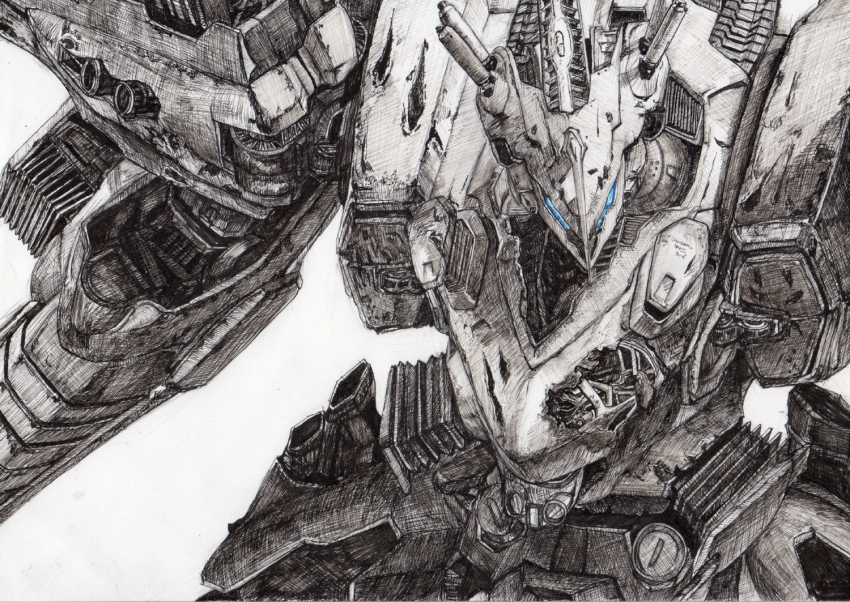 akira_(mydictionary) armored_core armored_core:_for_answer assault_visor battle_damage blue_visor fromsoftware horns mecha mecha_focus no_humans robot science_fiction single_horn thrusters traditional_media white_glint
