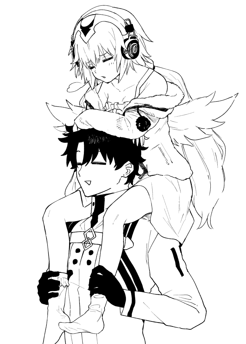 1boy 1girl absurdres angel_wings carrying closed_eyes fate/grand_order fate_(series) fujimaru_ritsuka_(male) fujimaru_ritsuka_(male)_(decisive_battle_chaldea_uniform) gloves headphones highres jeanne_d&#039;arc_(fate) long_hair metatron_jeanne_(fate) monochrome shoulder_carry sigh socks tanuki_(siutkm0228) wings