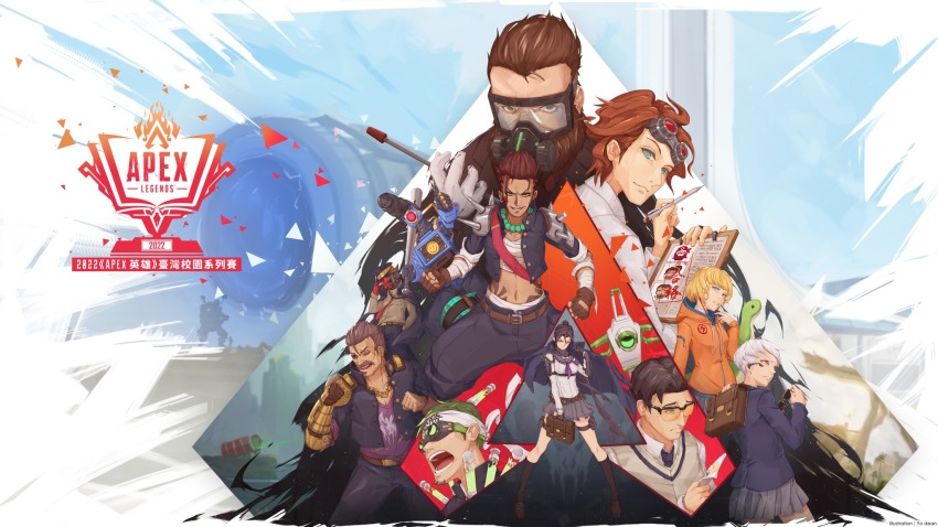 5boys 5girls alternate_costume apex_legends artist_name aviator_sunglasses baseball_bat beard black_hair blazer bloodhound_(apex_legends) blue_jacket brown_hair brown_shirt bt-7274 caustic_(apex_legends) chinese_commentary clipboard copyright_name crypto_(apex_legends) eep167389 eyepatch unworn_eyewear facial_hair fuse_(apex_legends) glasses goggles goggles_on_head green_hair grey_hair grey_skirt grey_vest hair_behind_ear headband highres holding holding_baseball_bat holding_clipboard holding_removed_eyewear hood hoodie horizon_(apex_legends) jack_cooper jacket jacket_on_shoulders kings_canyon logo mad_maggie_(apex_legends) mask mecha midriff mirage_(apex_legends) multiple_boys multiple_girls mustache navel nessie_(respawn) octane_(apex_legends) olympus_(apex_legends) orange_hoodie pathfinder_(apex_legends) pompadour rampart_(apex_legends) red_eyes revenant_(apex_legends) robot sarashi second-party_source shirt silhouette skirt soul_patch standing storm_point_(apex_legends) stuffed_toy sunglasses thumbs_up titan_(titanfall) titanfall_(series) titanfall_2 valkyrie_(apex_legends) vest wattson_(apex_legends) white_headband wraith_(apex_legends)