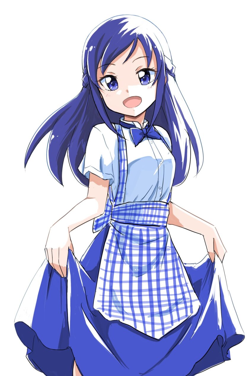 1girl apron blue_apron blue_bow blue_bowtie blue_eyes blue_hair blue_skirt blush bow bowtie breasts checkered_apron checkered_clothes commentary dokidoki!_precure employee_uniform gingham gingham_apron gingham_skirt high-waist_skirt highres hishikawa_rikka kobeya_uniform long_hair looking_at_viewer open_mouth plaid_apron plaid_clothes pleated_shirt precure shirt short_sleeves simple_background skirt small_breasts smile solo uraki waitress white_background