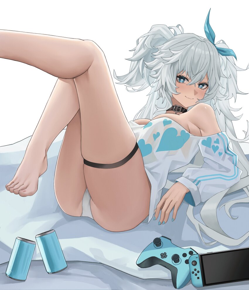 1girl absurdres alternate_costume aqua_eyes ass bare_shoulders barefoot bed blush breasts cameltoe collar come_hither controller cozie178 florence_(girls&#039;_frontline_2) florence_(neural_cloud) game_controller girls&#039;_frontline girls&#039;_frontline_2:_exilium girls&#039;_frontline_neural_cloud hair_ribbon highres legs legs_up long_hair naughty_face nintendo_switch pa-15_(girls&#039;_frontline) pa-15_(marvelous_yam_pastry)_(girls&#039;_frontline) panties ribbon smile solo two_side_up underwear very_long_hair white_hair