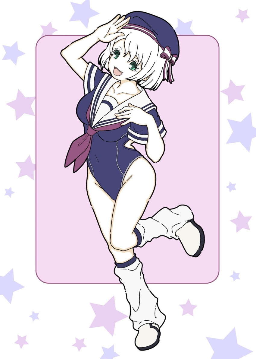 1girl :3 blue_hat blue_one-piece_swimsuit breasts collarbone covered_navel full_body green_eyes groin hashtag-only_commentary hat highres loose_socks neckerchief nonnki one-piece_swimsuit open_mouth original pink_background purple_neckerchief sailor_collar sailor_one-piece_swimsuit short_hair socks solo standing standing_on_one_leg star_(symbol) swimsuit white_hair