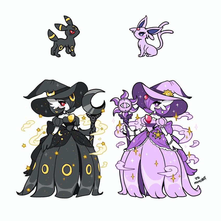 2girls alternate_hair_color bead_necklace beads black_dress black_gloves black_hair choker color_coordination commentary cosplay crescent crescent_earrings crescent_hair_ornament crescent_hat_ornament dress earrings english_commentary espeon espeon_(cosplay) forked_tail full_body gardevoir gen_2_pokemon gen_3_pokemon gloves hair_ornament hair_over_one_eye hat hat_ornament highres jewelry looking_at_viewer mamobot multiple_girls necklace nintendo one_eye_covered pokemon pokemon_(creature) puffy_short_sleeves puffy_sleeves purple_dress purple_eyes purple_headwear red_eyes short_sleeves simple_background smoke sparkle staff standing sun_hair_ornament sun_hat_ornament sun_ornament sun_symbol tail umbreon umbreon_(cosplay) white_background white_gloves witch_hat