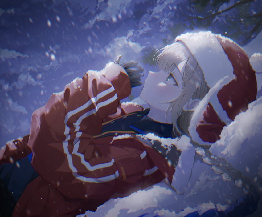 1boy aqua_eyes black_gloves blonde_hair blue_hair blush braid breath captain_nemo_(fate) collared_shirt dress_shirt fate/grand_order fate_(series) fur_hat gloves gradient_hair hat highres jacket long_hair lying male_focus misin322 multicolored_hair nemo_(fate) captain_nemo_(santa)_(fate) nose_blush on_back on_ground open_clothes open_jacket own_hands_together parted_bangs red_jacket shirt snow snowing ushanka