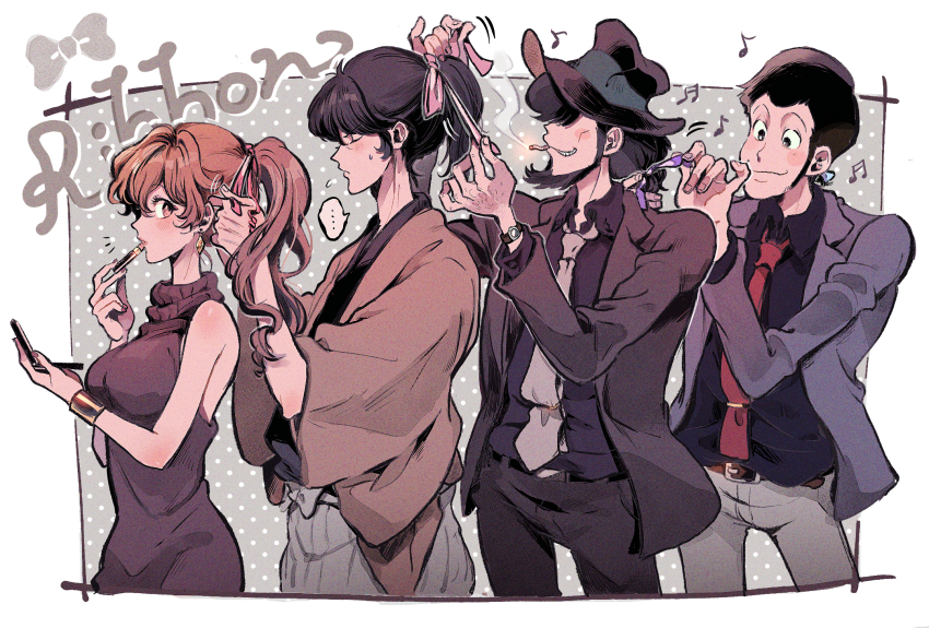 ... 1girl 3boys applying_makeup arsene_lupin_iii beard belt black_hair black_jacket black_pants black_suit blue_jacket blue_shirt blush bracelet brown_eyes brown_hair cigarette dress earrings facial_hair fedora formal_clothes from_side gold_bracelet grin hair_over_eyes hair_ribbon hakama happi hat highres ishikawa_goemon_xiii jacket japanese_clothes jewelry jigen_daisuke lipstick looking_at_another lupin_iii makeup meppi mine_fujiko multiple_boys necktie open_clothes open_jacket pants pink_ribbon ponytail purple_dress purple_ribbon red_necktie ribbon shirt short_hair single_earring sleeveless sleeveless_dress smile smoking suit turtleneck turtleneck_dress tying_hair watch white_hakama white_necktie white_pants wristwatch