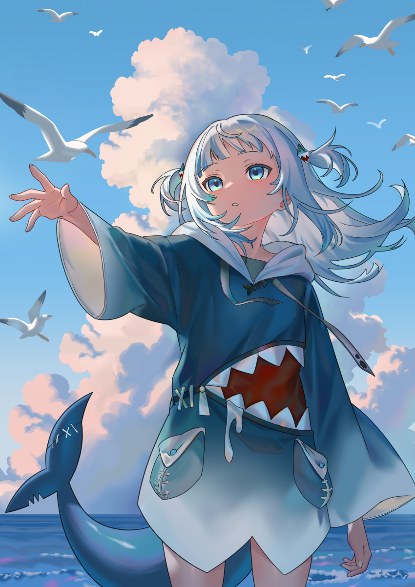 1girl absurdres bird blue_eyes blue_hair blue_shirt blue_sky cloud cloudy_sky cumulonimbus_cloud fins fish_tail fluffycatfish gawr_gura hair_between_eyes hair_ornament highres hololive hololive_english hood hoodie long_hair multicolored_hair ocean reaching shark_tail shirt sky solo streaked_hair tail virtual_youtuber white_hair white_hoodie