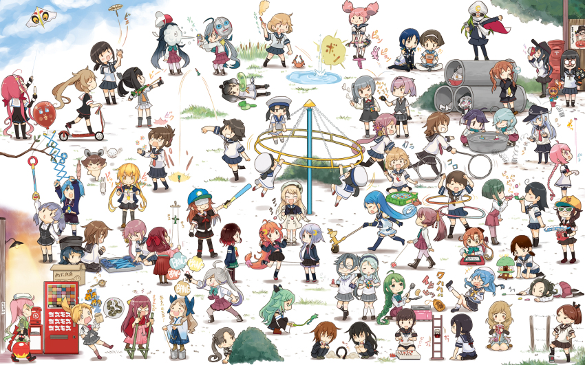 6+girls abyssal_ship ahoge akatsuki_(kancolle) akatsuki_kai_ni_(kancolle) akebono_(kancolle) akebono_kai_(kancolle) akigumo_(kancolle) akizuki_(kancolle) amagiri_(kancolle) animal arare_(kancolle) arm_warmers asakaze_(kancolle) asashimo_(kancolle) ayanami_(kancolle) balloon bandaid bandaid_on_face baseball_bat bike_shorts black_hair blonde_hair blue_hair book boots bow box branch brown_hair blowing_bubbles bubble_pipe cape cardboard_box closed_eyes cloud colored_skin commentary cosplay crab crescent crescent_hair_ornament daitou_(kancolle) double_bun drawing_tablet dress enemy_aircraft_(kancolle) eye_mask flower fubuki_(kancolle) fubuki_kai_ni_(kancolle) fujinami_(kancolle) fumizuki_(kancolle) fumizuki_kai_ni_(kancolle) gekkou_kamen gekkou_kamen_(cosplay) gekkou_kamen_(series) glasses gloves grass green_hair grey_hair hachimaki hair_between_eyes hair_bow hair_bun hair_flaps hair_flower hair_ornament hair_over_eyes hair_over_one_eye hair_ribbon hairband hamanami_(kancolle) handheld_game_console hands_on_own_hips harukaze_(kancolle) hat hatsushimo_(kancolle) hatsuyuki_(kancolle) hayashimo_(kancolle) headband hibiki_(kancolle) hiburi_(kancolle) highres hoop hula_hoop ikazuchi_(kancolle) inazuma_(kancolle) isonami_(kancolle) japanese_clothes jervis_(kancolle) kamikaze_(kancolle) kantai_collection kasumi_(kancolle) kasumi_kai_ni_(kancolle) kawakaze_(kancolle) kazagumo_(kancolle) kite kiyoshimo_(kancolle) kneehighs light_brown_hair long_hair low_twintails maikaze_(kancolle) makinami_(kancolle) mask mask_on_head meiji_schoolgirl_uniform minazuki_(kancolle) minegumo_(kancolle) miyuki_(kancolle) momo_(kancolle) motor_vehicle multicolored_hair multiple_girls murasame_(kancolle) mutsuki_(kancolle) nagatsuki_(kancolle) nenohi_(kancolle) northern_ocean_princess oboro_(kancolle) one_eye_closed ooshio_(kancolle) ooshio_kai_ni_(kancolle) pale_skin pantyhose pinafore_dress pink_hair pleated_skirt pogo_stick ponytail poster_(object) rabbit rabbit_hair_ornament re-class_battleship reading red_hair ribbon rubik&#039;s_cube running sagiri_(kancolle) saiguchi_otoufu sailor_collar sailor_dress samidare_(kancolle) satsuki_(kancolle) satsuki_kai_ni_(kancolle) sazanami_(kancolle) scarf school_uniform scooter serafuku shigure_(kancolle) shigure_kai_ni_(kancolle) shikinami_(kancolle) shiranui_(kancolle) shiratsuyu_(kancolle) shiratsuyu_kai_ni_(kancolle) shirayuki_(kancolle) shirt short_hair shounan_(kancolle) shouwa side_ponytail sign sitting skirt sky sleeveless sleeveless_dress slinky smoke snake socks squatting standing sunglasses suzukaze_(kancolle) takanami_(kancolle) tanikaze_(kancolle) thighhighs throwing tokitsukaze_(kancolle) toy toy_car twintails urakaze_(kancolle) uranami_(kancolle) ushio_(kancolle) uzuki_(kancolle) vending_machine very_long_hair vest wakaba_(kancolle) water white_skin yamakaze_(kancolle) yayoi_(kancolle) yukikaze_(kancolle) yuugumo_(kancolle)