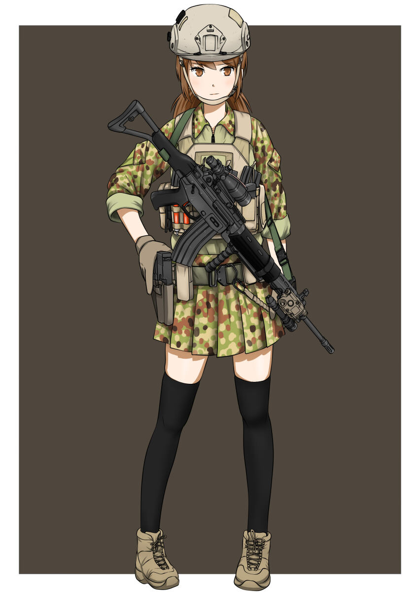1girl absurdres ammunition_pouch assault_rifle body_armor boots brown_eyes brown_hair camouflage camouflage_skirt chin_strap combat_boots flashlight foregrip gloves gun hand_on_weapon handgun helmet highres holster howa_type_89 jacket japan_self-defense_force leggings looking_at_viewer magazine_(weapon) mardjan military military_uniform original pistol pouch rifle scope skirt thighhighs trigger_discipline unworn_gloves weapon zettai_ryouiki