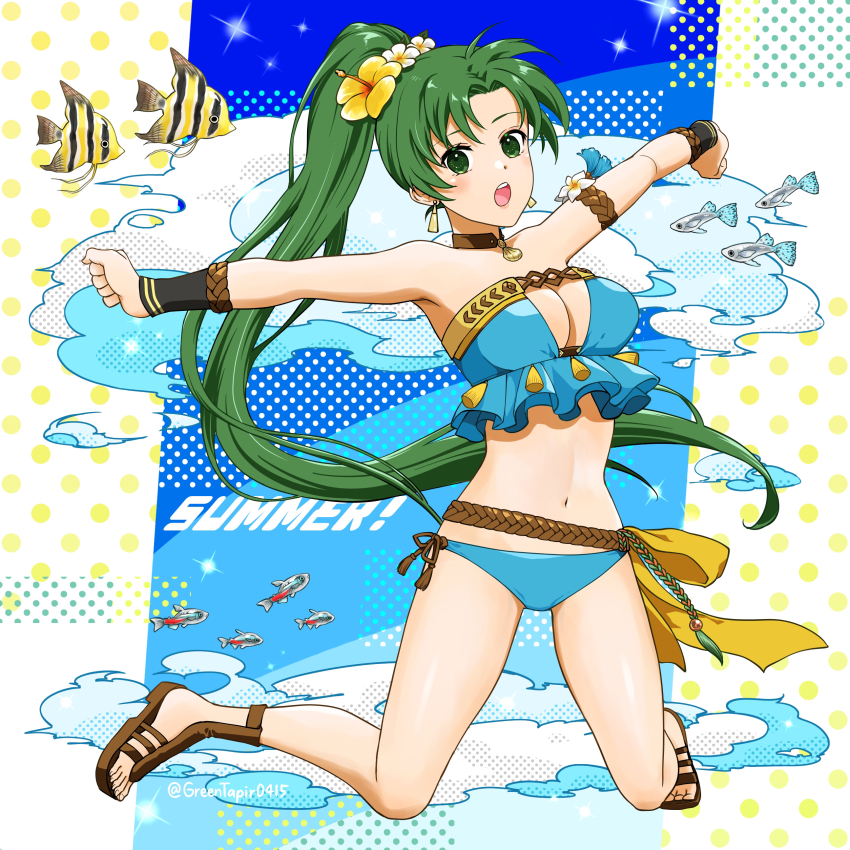 1girl absurdres bikini blue_bikini breasts brown_choker choker clam_shell cleavage earrings fire_emblem fire_emblem:_the_blazing_blade fire_emblem_heroes flower flower_armlet green_eyes green_hair hair_flower hair_ornament highres jewelry large_breasts leather_choker long_hair looking_at_viewer lyn_(fire_emblem) lyn_(lady_of_the_beach)_(fire_emblem) midori_no_baku necklace nintendo official_alternate_costume open_mouth ponytail seashell shell shell_necklace solo strapless strapless_bikini swimsuit very_long_hair