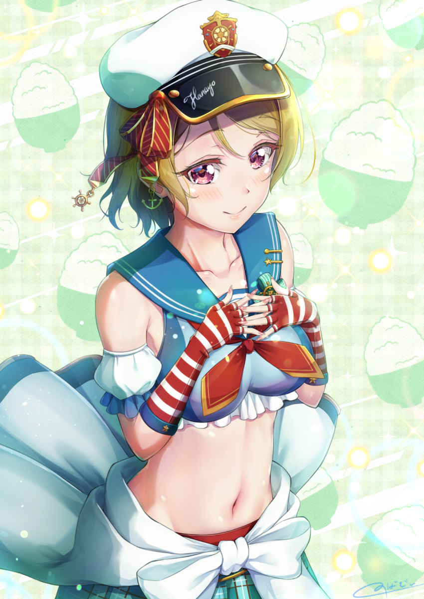 1girl anchor_earrings anchor_symbol artist_name artist_request bare_shoulders blouse blue_shirt blue_skirt blush breasts brown_hair checkered_clothes checkered_skirt clothes_around_waist collarbone earrings female_focus fingerless_gloves fingers_together gloves hair_between_eyes highres jacket jacket_around_waist jewelry koizumi_hanayo looking_at_viewer love_live! love_live!_school_idol_festival love_live!_school_idol_project medium_breasts nail_(hardware) nail_polish neckerchief novady parted_lips pink_nails puffy_short_sleeves puffy_sleeves purple_eyes red_gloves red_neckerchief red_ribbon ribbon sailor_collar shirt short_hair short_sleeves skirt smile solo white_headwear white_jacket