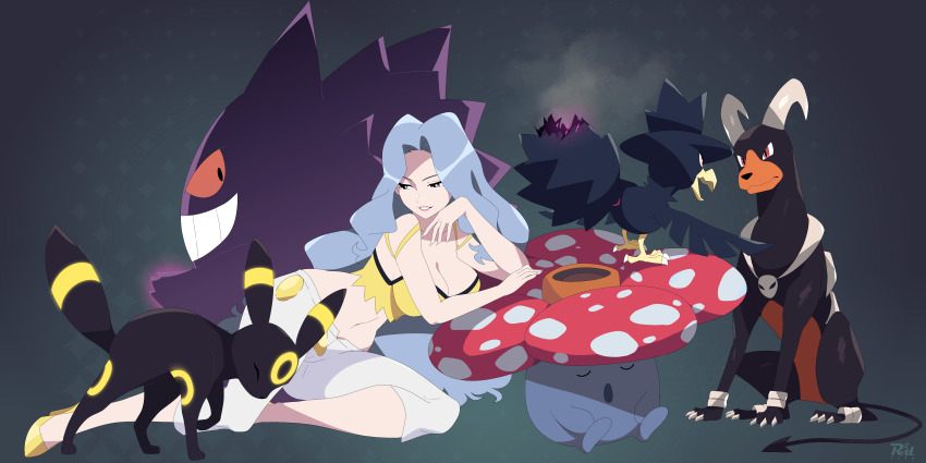 1girl 5others absurdres beak breasts gen_1_pokemon gen_2_pokemon gengar grey_hair highres horns houndoom karen_(pokemon) large_breasts leaning looking_at_another multiple_others murkrow nintendo pokemon pokemon_(creature) pokemon_hgss r3dfive smile tail umbreon vileplume wings