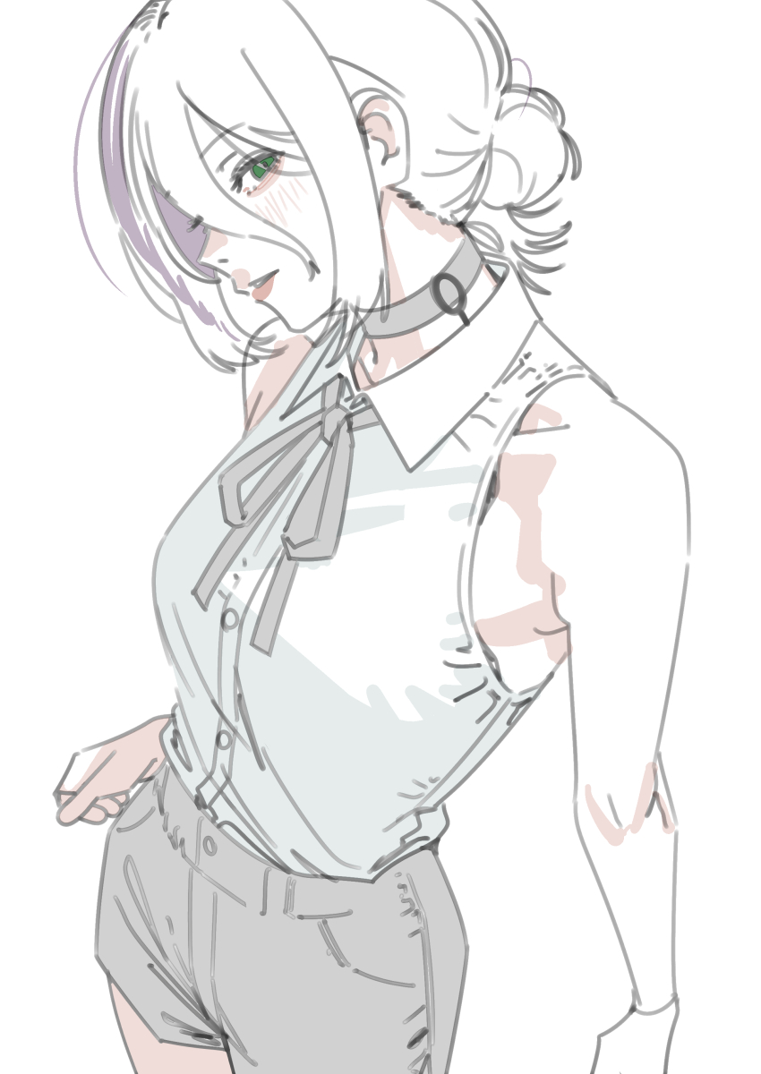 1girl absurdres alternate_hair_color black_choker black_shorts breasts chainsaw_man choker collarbone collared_shirt from_above green_eyes hair_between_eyes hair_bun highres looking_at_viewer medium_breasts medium_hair mikuchi_sunkuo parted_lips reze_(chainsaw_man) shirt shorts sidelocks simple_background sleeveless solo white_background white_hair white_shirt