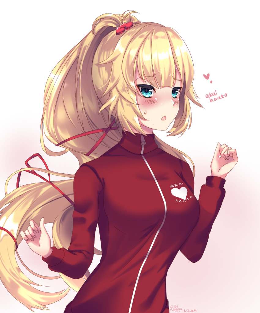 1girl akai_haato blonde_hair blue_eyes blush breasts character_name claudy commentary_request dated female_focus gradient_background hair_ribbon heart highres hololive jogging long_hair looking_at_viewer medium_breasts open_mouth ponytail red_ribbon ribbon signature solo sweatdrop track_suit upper_body very_long_hair virtual_youtuber zipper