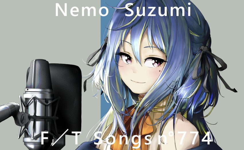 1girl akinosub black_ribbon blue_hair blush bow bowtie brown_shirt character_name closed_mouth commentary green_hair hair_between_eyes hair_ribbon highres hiyoku_no_crosspiece long_bangs long_hair looking_at_viewer microphone mole mole_under_eye multicolored_hair nanashi_inc. orange_bow orange_bowtie pink_eyes ribbon shirt smile solo striped_clothes striped_shirt studio_microphone suzumi_nemo suzumi_nemo_(1st_costume) two-tone_hair two_side_up upper_body vertical-striped_clothes vertical-striped_shirt virtual_youtuber