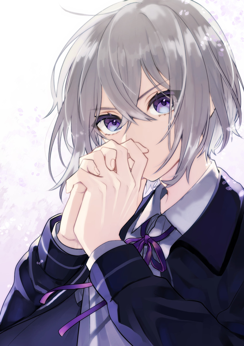 1boy absurdres asuma_(hanezu) collared_shirt eyes_visible_through_hair own_hands_clasped highres honebami_toushirou interlocked_fingers male_focus own_hands_together purple_eyes shirt touken_ranbu upper_body white_hair