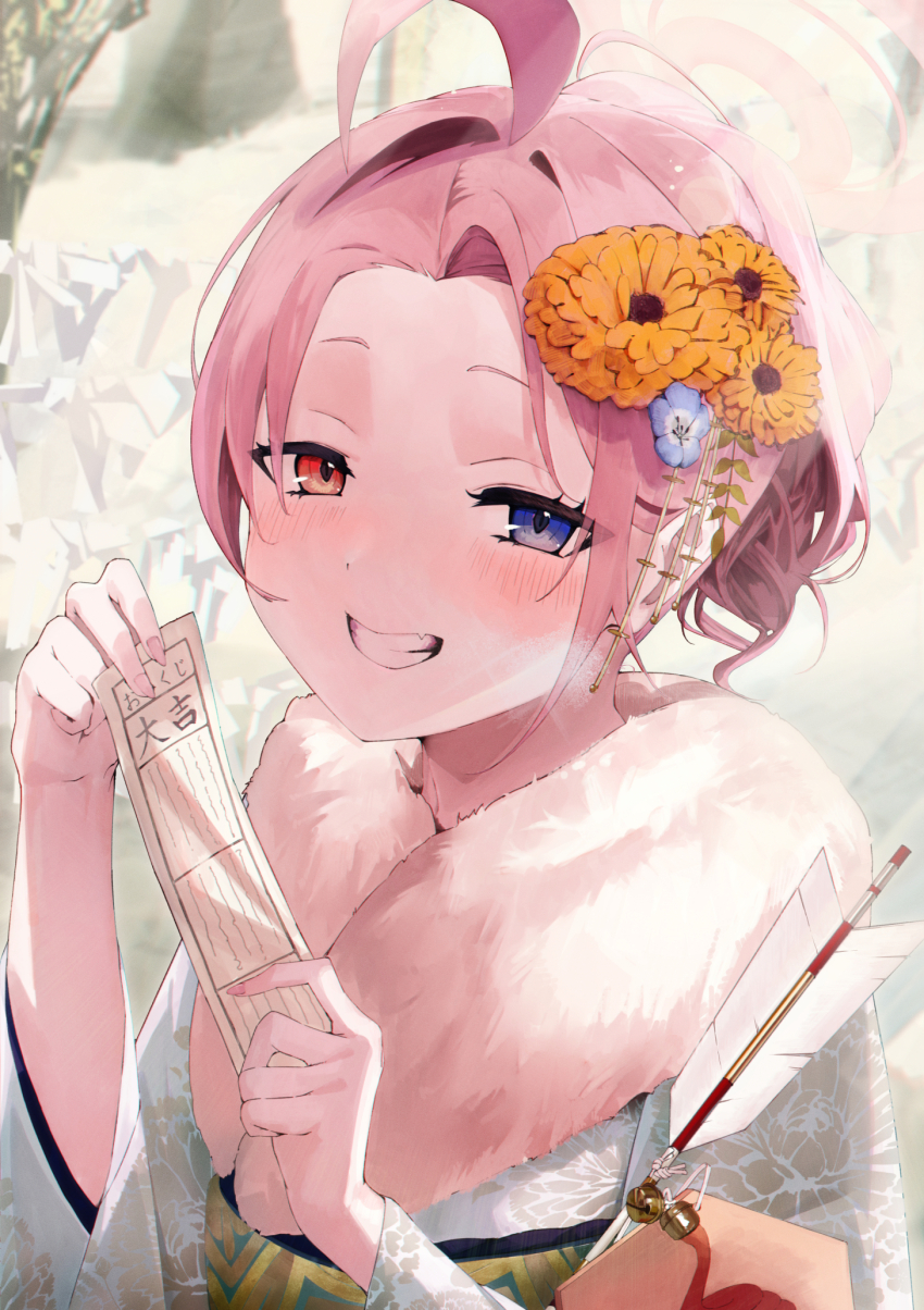 1girl ahoge alternate_costume alternate_hairstyle arrow_(projectile) bag blue_archive blue_eyes blue_flower blue_kimono blush floral_print floral_print_kimono flower forehead fur_collar green_sash grin hair_bun hair_flower hair_ornament heterochromia highres holding holding_arrow holding_bag holding_paper hoshino_(blue_archive) japanese_clothes kimono looking_at_viewer paper pink_bag pink_hair print_kimono sash short_hair smile solo su-102 upper_body yellow_eyes yellow_flower
