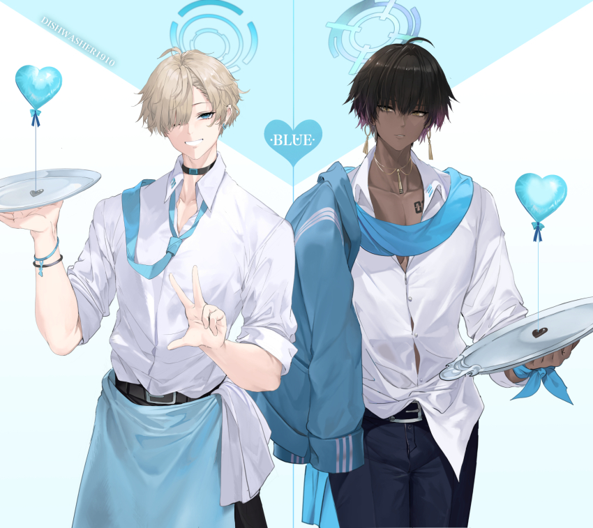2boys ahoge apron artist_name asuna_(blue_archive) balloon bare_shoulders belt belt_buckle bishounen black_belt black_choker black_hair black_pants blue_apron blue_archive blue_bag blue_eyes blue_jacket blue_necktie bracelet buckle chest_tattoo choker collared_shirt cowboy_shot dark-skinned_male dark_skin dishwasher1910 dress_shirt earrings genderswap genderswap_(ftm) grin halo heart heart_balloon highres holding holding_tray jacket jacket_on_shoulders jewelry karin_(blue_archive) light_brown_hair looking_at_viewer loose_necktie male_focus multicolored_hair multiple_boys necktie necktie_over_shoulder number_tattoo one_eye_closed paid_reward_available pants parted_lips purple_hair shirt shirt_tucked_in short_hair sleeves_rolled_up smile tattoo tray two-tone_background two-tone_hair untucked_shirt w waist_apron white_background white_shirt yellow_eyes