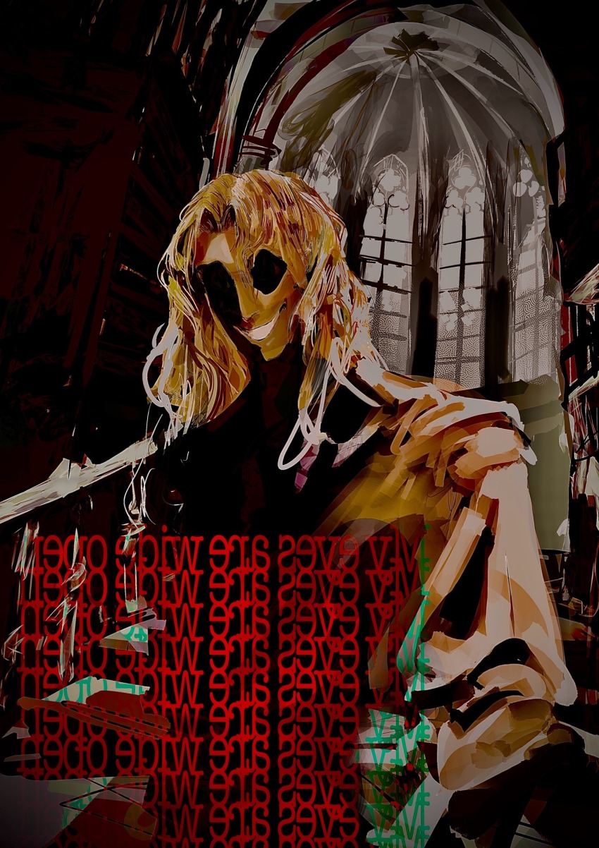 1boy backwards_text church color_filter english_text gabriel_(mandela_catalogue) highres mandela_catalogue partially_colored partially_shaded_face rhroup robe solo white_hair white_robe