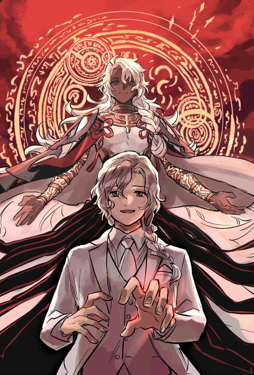 2boys 5252penguin arm_tattoo behind_another braid braided_ponytail cape choker closed_mouth commentary dark-skinned_male dark_skin fate/grand_order fate_(series) floating flower_knot formal_clothes glowing glowing_hand glowing_tattoo gold_choker hair_between_eyes hair_over_shoulder hands_up highres jacket long_hair looking_ahead looking_at_viewer magic magic_circle male_focus marisbury_animusphere multiple_boys necktie open_mouth outdoors pocket_square reaching reaching_towards_viewer red_sky shirt single_braid sky smile solomon_(fate) suit tassel tattoo vest white_cape white_hair white_jacket white_necktie white_shirt white_suit white_vest yellow_eyes