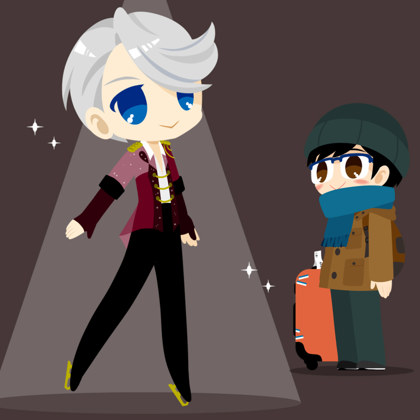 2boys :&gt; backpack bag black_hair black_pants blue-framed_eyewear blue_eyes blue_scarf blush_stickers brown_eyes coat collared_shirt epaulettes glasses hat highres ice_skates kaorin_minogue katsuki_yuuri male_focus multiple_boys pants scarf shirt silver_hair skates smile sparkle spotlight suitcase viktor_nikiforov yuri!!!_on_ice