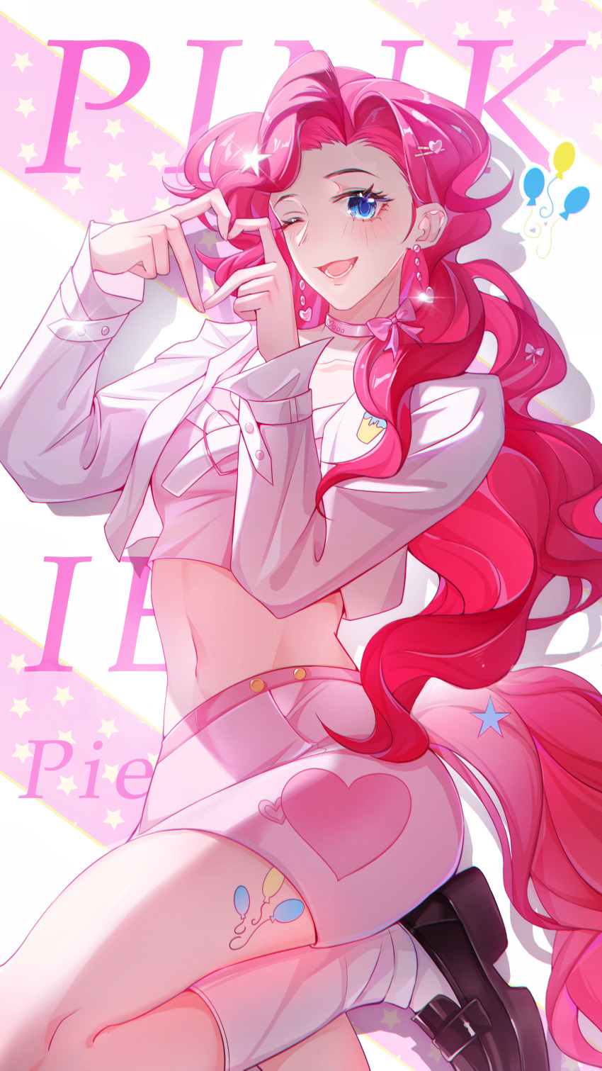 1girl absurdres alternate_costume blue_eyes bow bow_choker character_name chinese_commentary choker commentary_request crop_top cutie_mark earrings hair_ornament hairclip heart heart_earrings heart_hair_ornament heart_hands highres horse_tail jacket jewelry leg_tattoo leg_up long_hair midriff my_little_pony my_little_pony:_friendship_is_magic navel open_clothes open_jacket open_mouth personification pink_choker pink_hair pink_shirt pink_skirt pinkie_pie shenjudongmandabanban shirt shoes skirt smile socks solo tail tattoo very_long_hair white_jacket white_socks